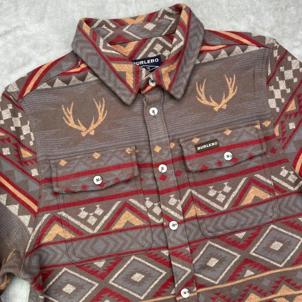 Burlebo Vintage Heavyweight Flannel Mens‎ Small Brown Aztec Southwestern Stretch